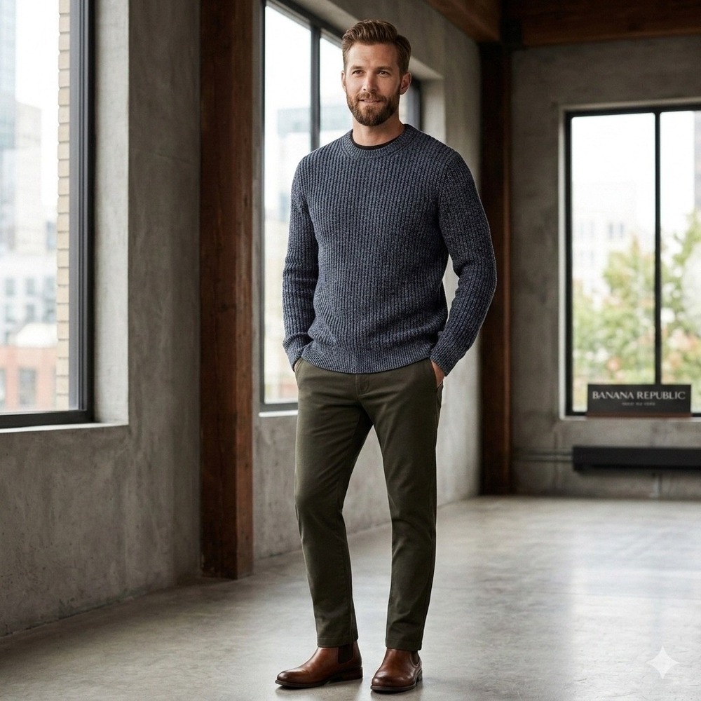 Banana Republic Mens Fisherman Ribbed Knit Sweater Marled Blue Navy Crew Neck S